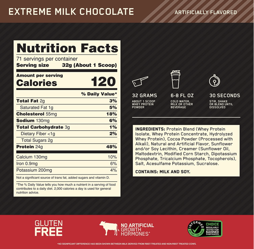 Optimum Nutrition Whey Protein Shake Recipes - Gold Standard 100% Whey Extreme Chocolate Flavor Nutrition Facts