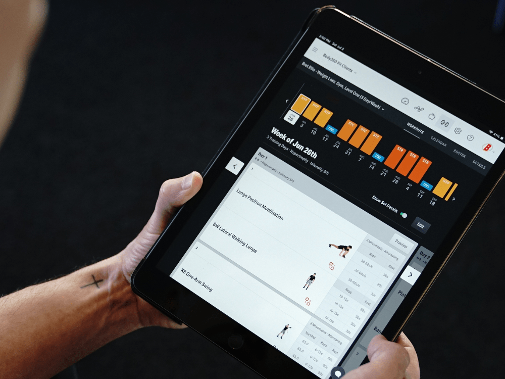 Body360 Fit's AI-powered personal training app interface showing adaptive workout tracking and feedback.
