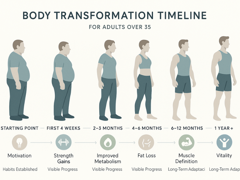 Minimalist infographic showing a six-stage body transformation timeline for adults over 35, with labeled milestones like motivation, strength, metabolism, and vitality. Each stage features vector illustrations of a gender-neutral figure progressing in health, muscle tone, and confidence. Captions explain key changes at each phase.