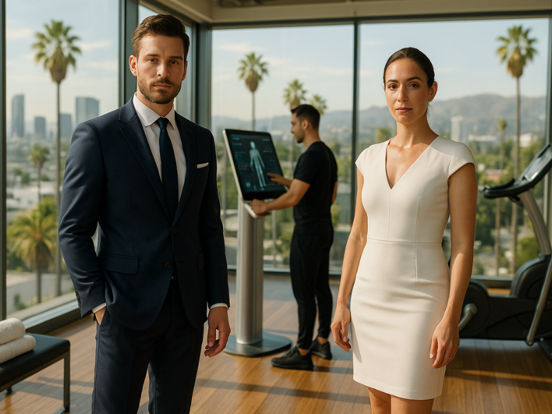 Two professionals in stylish attire stand in an exclusive Los Angeles body transformation studio, with trainers using advanced digital fitness technology. Panoramic city views, natural sunlight, and high-end gym equipment emphasize a private, upscale fitness experience for men and women.