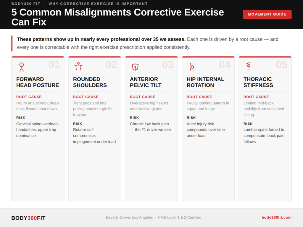 Infographic showing the 5 most common movement misalignments corrective exercise fixes — including forward head posture, rounded shoulders, anterior pelvic tilt, hip internal rotation, and thoracic stiffness — Body360 Fit Los Angeles