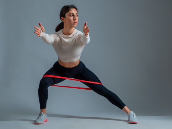 Woman performing a lateral band walk with a resistance band during a corrective exercise session at Body360 Fit Los Angeles