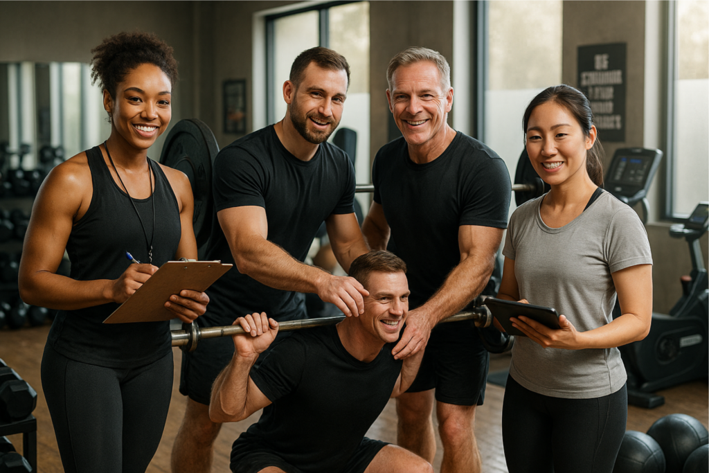 Four diverse personal trainers stand confidently in a modern gym, assisting
clients and using digital devices for workout tracking. The coaches demonstrate
expertise, encouragement, and personalized attention amid free weights, medicine
balls, and motivational posters with sunlight illuminating the spacious, welcoming
environment.
