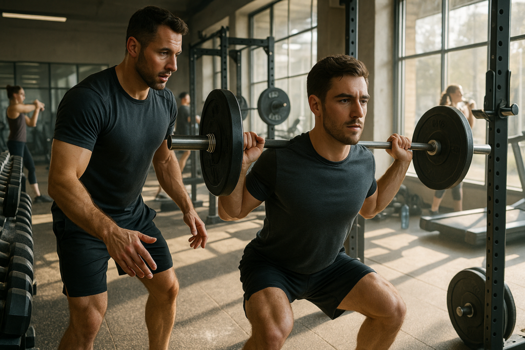 Personal trainer demonstrates proper strength training technique to a client with a barbell in a bright, modern gym. Both have focused expressions as sunlight streams in. Gym details include chalk dust, equipment, mirrors, and other patrons exercising in the background.