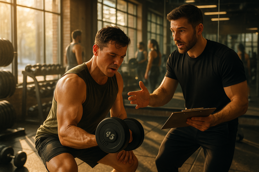 A personal trainer encourages a focused client lifting weights in a modern gym, afternoon sunlight streaming through large windows. The trainer holds a clipboard, expressing support, while motivational atmosphere is conveyed through shadows, reflections, and dynamic gym details.