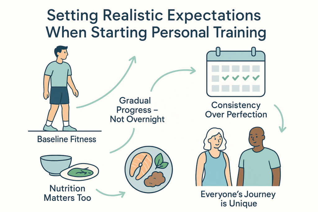 Minimalist infographic on setting realistic expectations in personal training, featuring progress curve, weekly calendar, balanced plate, and diverse clients. Pastel arrows link sections, clean modern design with soft blues, greens, and grays. Title
reads 'Setting Realistic Expectations When Starting Personal Training.