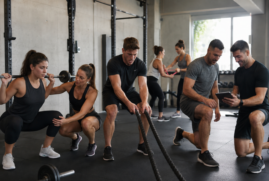Diverse people work with personal trainers in a sunlit gym, each receiving personalized instruction for unique fitness goals, including powerlifting, aerobic exercise, balance training, and marathon planning. Trainers use clipboards and tablets among real equipment, highlighting customized, supportive coaching in an authentic environment.