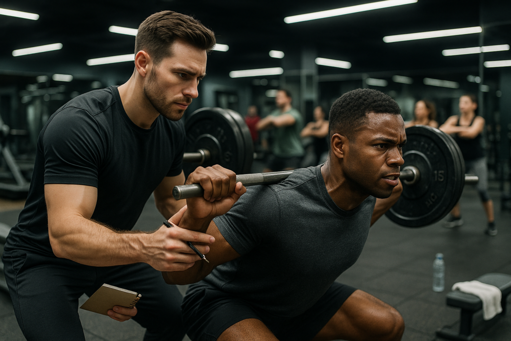 Personal trainer attentively assists a client perfecting a barbell squat in a
modern gym, emphasizing guided support and focus. In the background, a group follows a less engaged generic workout class. The photo highlights individual attention, realistic gym textures, and determination.