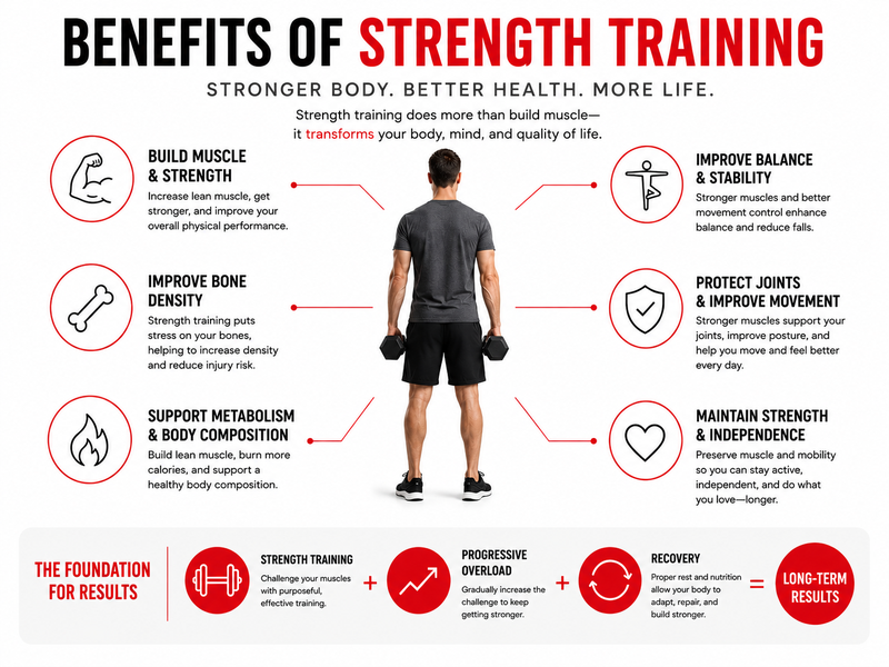 Benefits of strength training infographic showing how resistance training helps build muscle and strength, improve bone density, support metabolism, enhance balance, protect joints, and maintain long-term mobility.