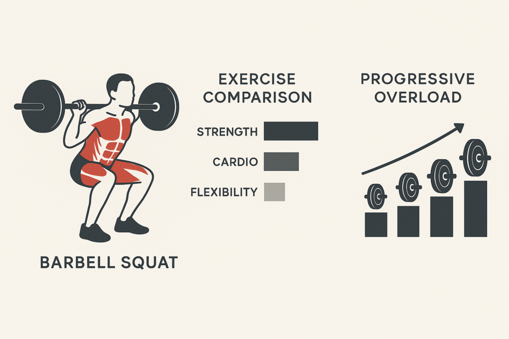 Body360 Fit strength training for beginners infographic showing a barbell squat, key exercise benefits, and progressive overload for building strength and fitness.